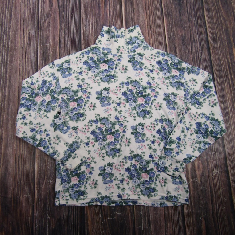 One Step Up Womens L Blue Floral Mock Neck Long Sleeve T Shirt Top Granny Core